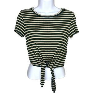 American Eagle Top Green Stripe Tie Front Knit Stretch Short Sleeve XS